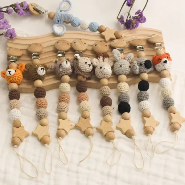 Cartoon Bunny Pacifier Chain Clip Wood Crochet Bear Teething Chain Baby Teether Soother Holder Newborn Chew Toys Pacifier Clips - Image 4