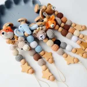 Cartoon Bunny Pacifier Chain Clip Wood Crochet Bear Teething Chain Baby Teether Soother Holder Newborn Chew Toys Pacifier Clips