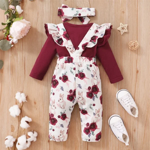 0-18Months Baby Girl Clothes Set Red Color Long Sleevs Bodysuit + Flower Strap Pants 2PCS Infant Girl New Years Clothing Suit - Image 9