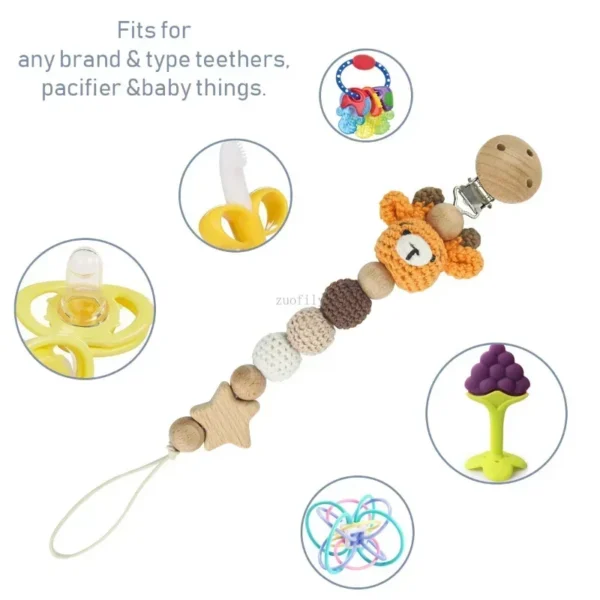 Cartoon Bunny Pacifier Chain Clip Wood Crochet Bear Teething Chain Baby Teether Soother Holder Newborn Chew Toys Pacifier Clips - Image 6