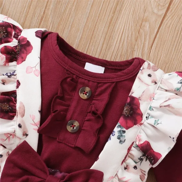 0-18Months Baby Girl Clothes Set Red Color Long Sleevs Bodysuit + Flower Strap Pants 2PCS Infant Girl New Years Clothing Suit - Image 4