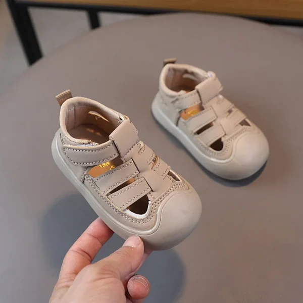 Baby Boy Sandals 2025 Summer Toddler Beach Shoes Little Kids Soft PU Leather Close-toed Sandals For Baby Khaki, White - Image 3