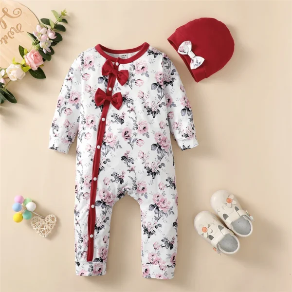 0-18 Months Newborn Baby Girl Romper Clothes Long Sleeve Flower Bodysuit Costume Lovely Baby Spring Jumpsuit Outfit with Hat - Image 5