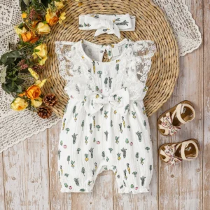 Girls Summer Sleeveless Lace Cotton Baby Bow Jumpsuit - Casual Cute Print With Plants