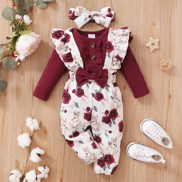 0-18Months Baby Girl Clothes Set Red Color Long Sleevs Bodysuit + Flower Strap Pants 2PCS Infant Girl New Years Clothing Suit - Image 3