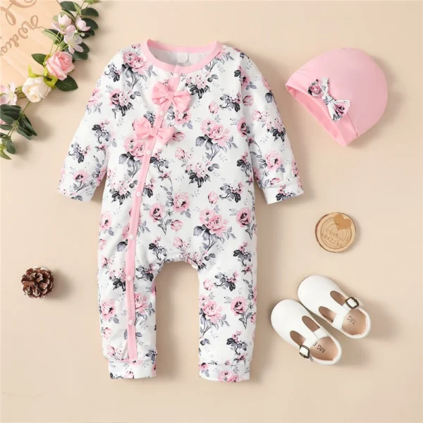0-18 Months Newborn Baby Girl Romper Clothes Long Sleeve Flower Bodysuit Costume Lovely Baby Spring Jumpsuit Outfit with Hat - Image 2