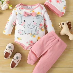 0-1 year old new baby girl spring and autumn cute little elephant long sleeved bun triangle crawling suit+solid color pants+hat